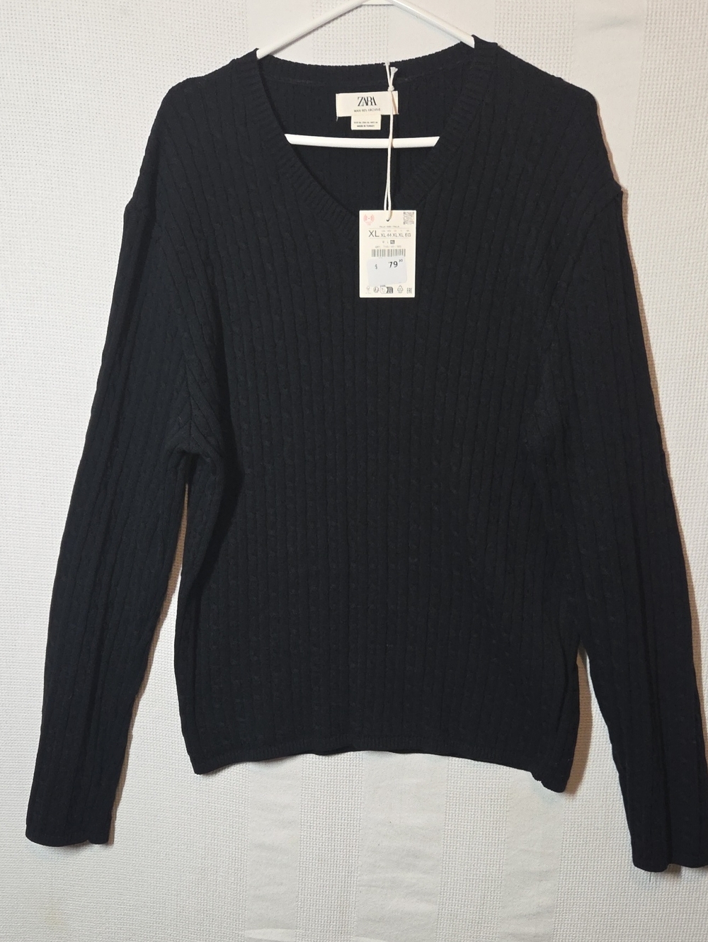 Zara Man $80 Sweater XL Black Cable-Knit V-Neck Pullover 90's Archive Cotton